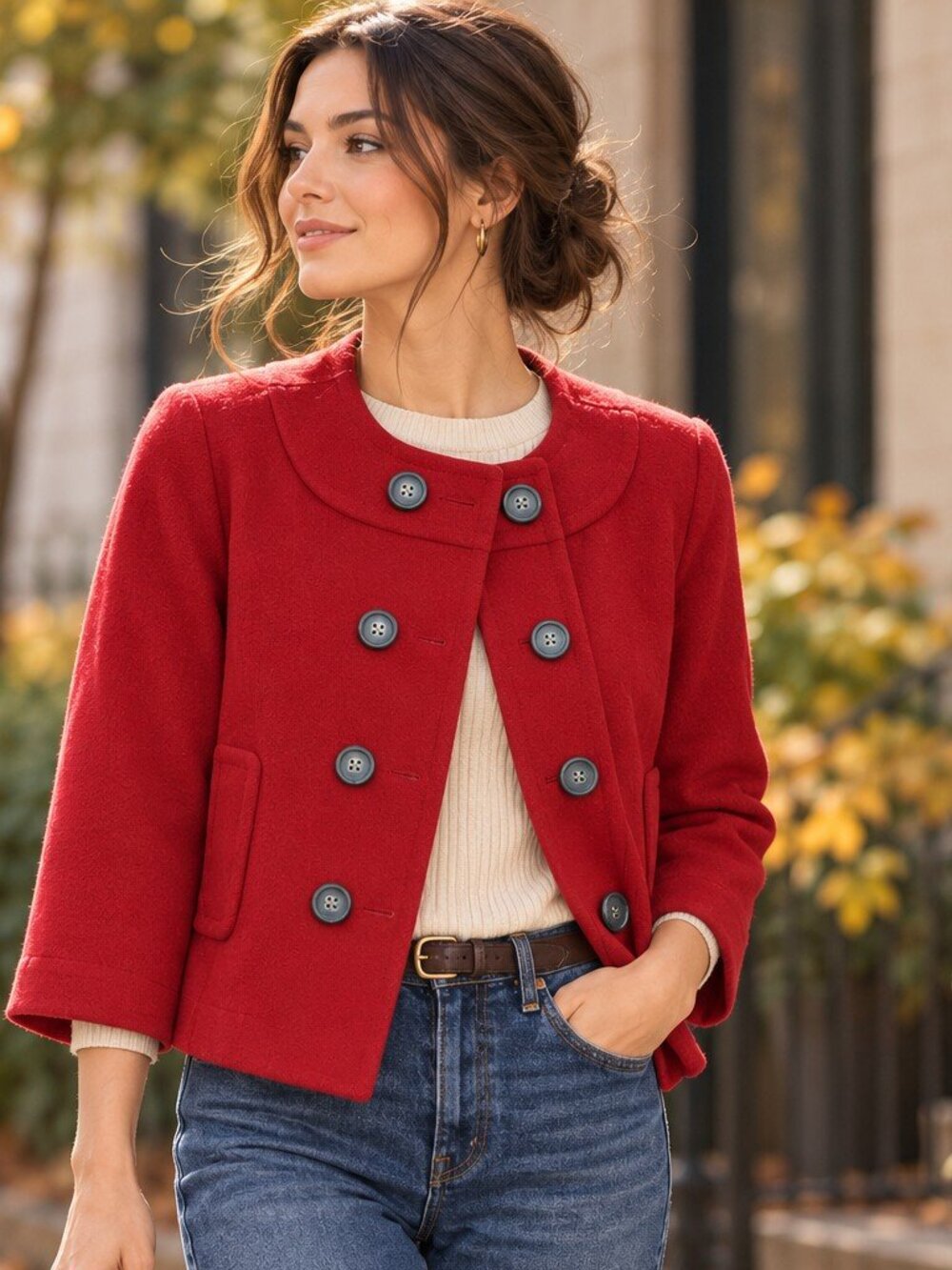 J. Crew Pippa Wool Cashmere Cropped Coat Red 3/4 Sleeve Collarless Sz 0